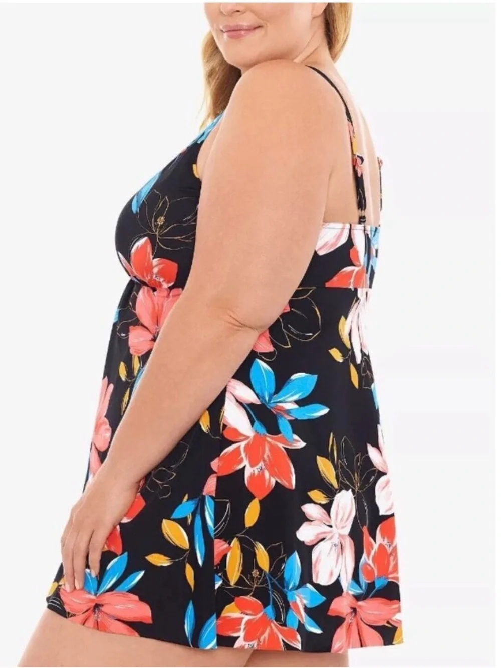Black Floral Fly Away V-Neck Swimdress with Coral & Blue Flowers - Picture 3 of 6